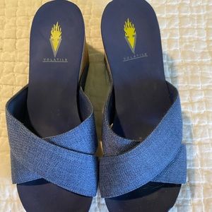Blue fabric wedge sandals